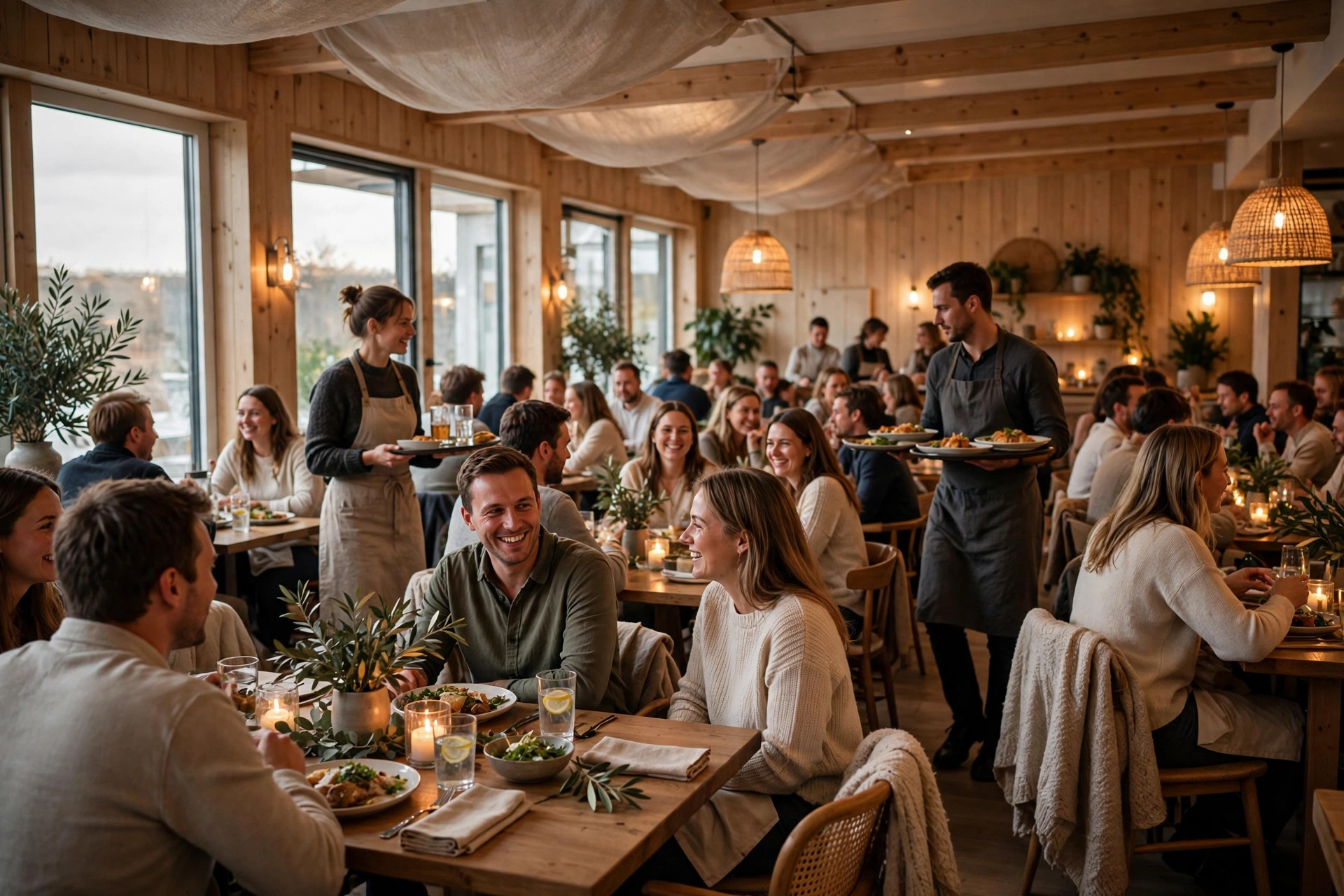 Hånd holder en mobil der skjermen viser en restaurantmeny